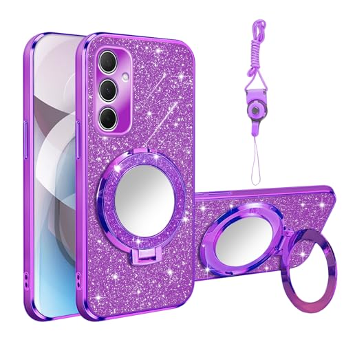 fo Galaxy A35 Case with Magnetic Ring Stand Built in Mirror & Wrist Strap [MagSafe Compatible] Clear Backshell Glitter Card Soft TPU Shockproof Cover for Samsung Galaxy A35 Case, Purple - color: Purple, size: Samsung Galaxy A35 5G
