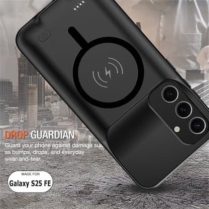 Wireless Charging Case for Galaxy S25 FE, Upgraded 12000mAh Rechargeable Portable Charging Case Compatible with Galaxy S25 FE (6.7 inch) with Carplay Extended Battery Pack Charger Case (Black) - size: Galaxy S25 FE