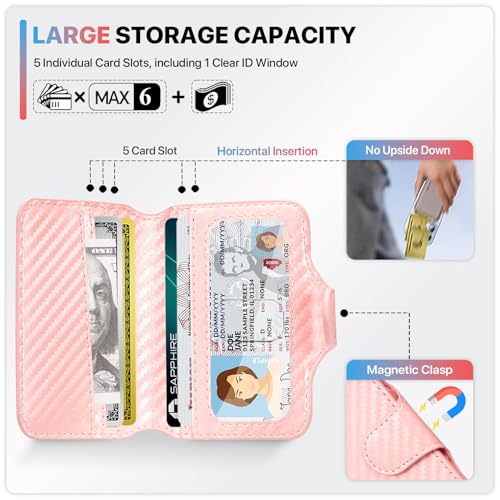 Magnetic Stick on Phone Wallet Card Holder for Magsafe Phones and Cases, 5 Slots Fit 7 Cards, ID Window, RFID Blocking, Luxury Slim Flip Leather Mag Safe Wallet for iPhone for Women, Rose Gold - color: Carbon Fiber Rose Gold