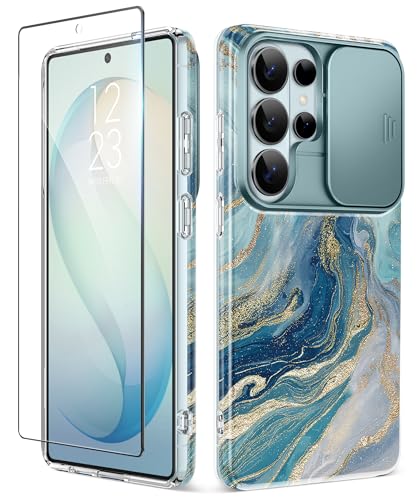 GVIEWIN for Samsung Galaxy S26 Ultra Case with Slide Camera Cover, [Screen Protector] [Shockproof Military Grade Drop Protection] Marble Slim Fit Hard PC Phone Cover S26 Ultra 6.9" 2026 (Chrysocolla) - color: Chrysocolla/Teal, size: For Galaxy S26 Ultra 6