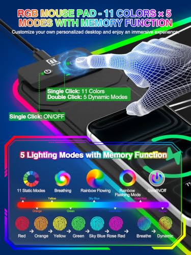 RGB Mouse Pad with Foldable Phone Stand Wireless Charger, 31.5"x11.8" XL Gaming Mousepad Large Desk Mat, Desk Pad with 11 Colors 5 Modes, Waterproof - color: Black Touch Control Stand XL Line