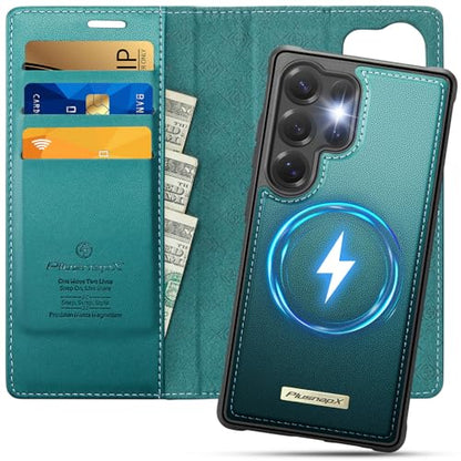 for Samsung Galaxy S25 Ultra 2in1 Detachable Wallet Case Bluegreen | Compatible with Magsafe, Magnetic, RFID Blocking Card Holder, Shockproof, Kickstand, Wireless Charging, PU Leather Flip Cover - color: Fashion Blue Green, size: Galaxy S25 Ultra - 6.9"