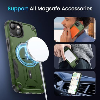 Caka for iPhone 13 Case & iPhone 14 Case with Stand Green | Compatible with MagSafe, Built-in Hidden Kickstand, Solid Protective Dual-layer TPU+PC Shockproof Magnetic Phone Cover - color: Green