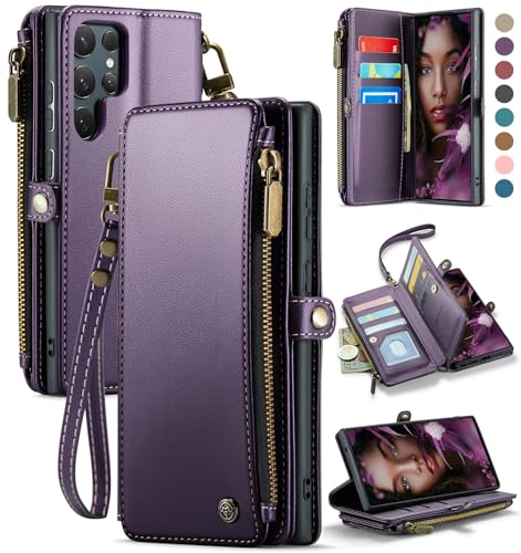 Defencase for Samsung Galaxy S25 Ultra Wallet Case with Card Holder, Purple | with RFID Blocking Zipper Pocket, Durable PU Leather, Wrist Strap, S25 Ultra Flip Phone Cases Cover with Stand for Women Men - color: Aesthetic Purple