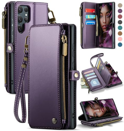 Defencase for Samsung Galaxy S25 Ultra Wallet Case with Card Holder, Purple | with RFID Blocking Zipper Pocket, Durable PU Leather, Wrist Strap, S25 Ultra Flip Phone Cases Cover with Stand for Women Men - color: Aesthetic Purple