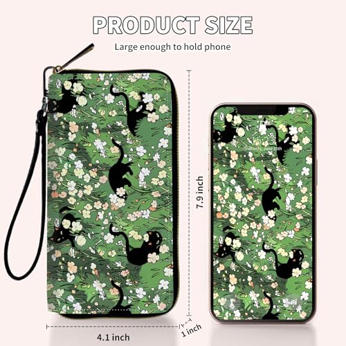 Ladies Wallet,Clutch Purses for Women Wallets Leather Credit Card Holder for Women Wristlet Slim Small Cute with Zipper,Thin RFID Blocking with Wrist Strap,Cat Flower Green - color: Cat Flower Green