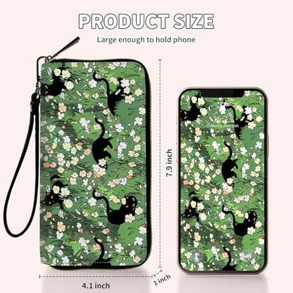 Ladies Wallet,Clutch Purses for Women Wallets Leather Credit Card Holder for Women Wristlet Slim Small Cute with Zipper,Thin RFID Blocking with Wrist Strap,Cat Flower Green - color: Cat Flower Green