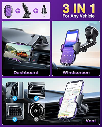 VANMASS Car Phone Holder Ultimate Military-Grade Strongest Suction & Clip Windshield Dash Best Strongest Cell Phone Automotive Dash Gauge Accents for iPhone 18 Pro Max 17 16 15 14 Purple - color: Purple