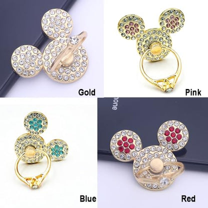 4 Pack Crystal Anime Finger Ring Holder Sparkly Rhinestone Mouse Phone Ring Grips, 360℃ Rotatable Self-Adhesive Decal Stickers Premium Gold Cell Phone Grip Adorable Bear Finger Ring Holder