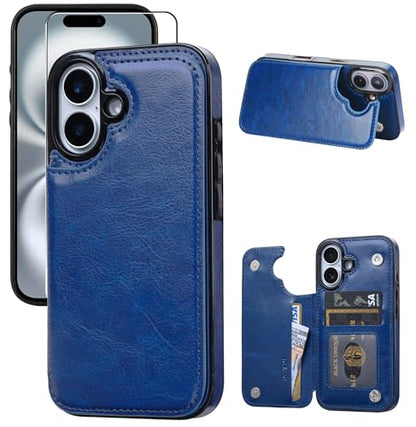 Wallet Case Compatible with iPhone 16 6.1", Slim Protective Case with Card Holder,Premium PU Leather Kickstand Card Slots Case with Double Magnetic Clasp-Deepblue - color: Deepblue, size: iphone 16 6.1"
