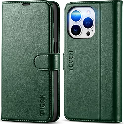 TUCCH Wallet Case for iPhone 14 Pro (6.1"), 4 Card Holders, Midnight Green | RFID Blocking, Viewing Stand, Shockproof TPU Shell, PU Leather, Magnetic Closure, Protective Folio Flip Cover - color: Midnight Green