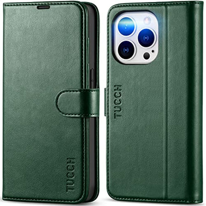 TUCCH Wallet Case for iPhone 14 Pro (6.1"), 4 Card Holders, Midnight Green | RFID Blocking, Viewing Stand, Shockproof TPU Shell, PU Leather, Magnetic Closure, Protective Folio Flip Cover - color: Midnight Green