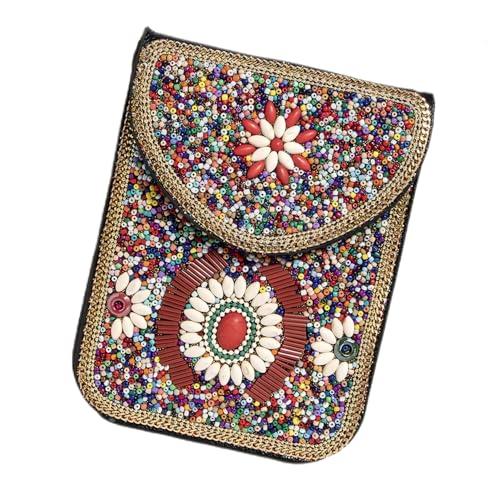 Women's Mobile Phone Bag, Cellphone Pouch, Retro Beads Shoulder Bag, Handcrafted Embellished Clutch Purse, Beaded Design - color: 10a