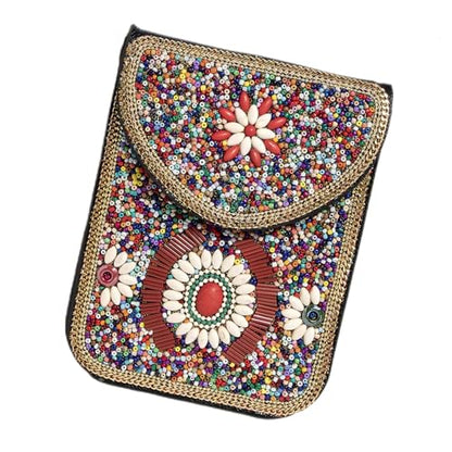 Women's Mobile Phone Bag, Cellphone Pouch, Retro Beads Shoulder Bag, Handcrafted Embellished Clutch Purse, Beaded Design - color: 10a