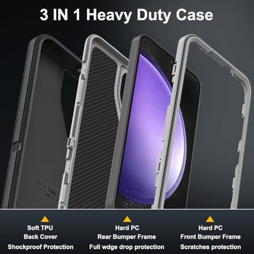 for Samsung Galaxy S23 FE Case with 2Pcs Tempered Glass Screen Protector and 1Pcs Camera Lens Protector, 3 in 1 Heavy Duty Shockproof/Drop Proof/Dust Proof Case (Black/Grey) - color: Black/Grey