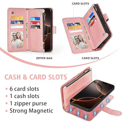 Asuwish Phone Case for iPhone 16 Pro 6.3 inch Zipper Wallet Magnetic Detachable Cell Cover with Tempered Glass Screen Protector Crossbody Strap Flower Card Holder i Phone16 i16 16Pro Women Rose Gold - color: Rose Gold