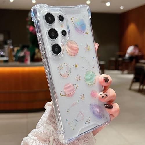 Changjia for Samsung Galaxy S25 Plus Clear Glitter Case, Cute Bling Sparkle Planet Space Stars Moon Universe Pattern Soft TPU Silicone Shockproof Women Girls Protective Case for Galaxy S25 Plus, Clear - size: for Samsung Galaxy S25 Plus