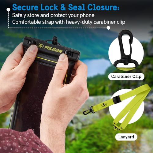 Pelican Marine Waterproof Phone Pouch (Regular) -Black/Hi-Vis Yellow | Touchscreen IP68 Floating Waterproof Phone Case w/Detachable Lanyard - Fits All Phones - Beach Cruise Ship Travel Essentials - color: Black/Neon - 1 Pack - Regular, size: Regular, styl