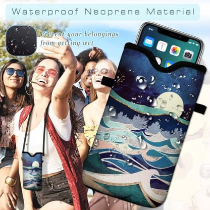Cell Phone Sleeves Bag Case Crossbody Neoprene Holder Lanyard Phone Pouch for Women Men 7.5 X 4.5 Inches - Wave Moon - color: Wave Moon