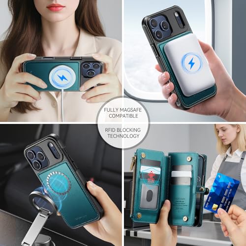 Defencase for iPhone 17 Pro Max Case Wallet Compatible with Magsafe, Green | Drop-Proof Magnetic Detachable Phone Cases Cover, with RFID Bolcking Card Holder, Zipper Strap, PU Leather, Removable Wallet - color: (Detachable with Magsafe)-Blue Green