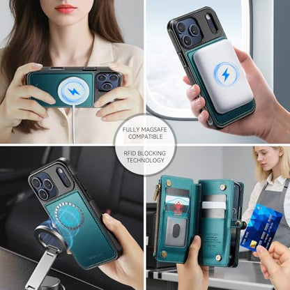 Defencase for iPhone 17 Pro Max Case Wallet Compatible with Magsafe, Green | Drop-Proof Magnetic Detachable Phone Cases Cover, with RFID Bolcking Card Holder, Zipper Strap, PU Leather, Removable Wallet - color: (Detachable with Magsafe)-Blue Green
