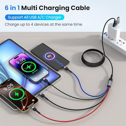 100W 6ft Multi USB Charging Cable, USB C and Lightning Fast Charging Cable 2-in-1, Durable Nylon Braided Multi Charger Cord for iPhone 17 16 15 14 13 12, iPad, Galaxy, Note, MacBook & More - Black - style: 6-in-1 6FT