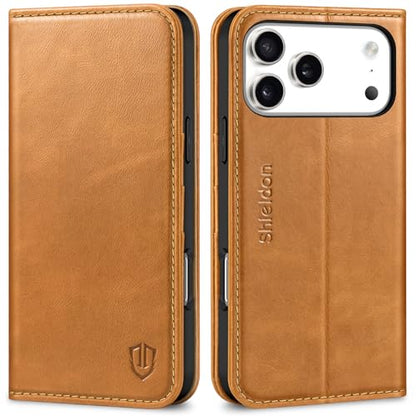 SHIELDON Real Leather Wallet Case for iPhone 17 Pro Max, Retro Light Brown | Magnetic Closure, RFID Blocking, Credit Card Slot, Kickstand, Flip Book Design, Shockproof Phone Cover - color: Retro Light Brown