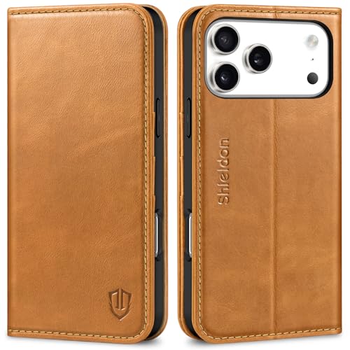 SHIELDON Real Leather Wallet Case for iPhone 17 Pro Max, Retro Light Brown | Magnetic Closure, RFID Blocking, Credit Card Slot, Kickstand, Flip Book Design, Shockproof Phone Cover - color: Retro Light Brown