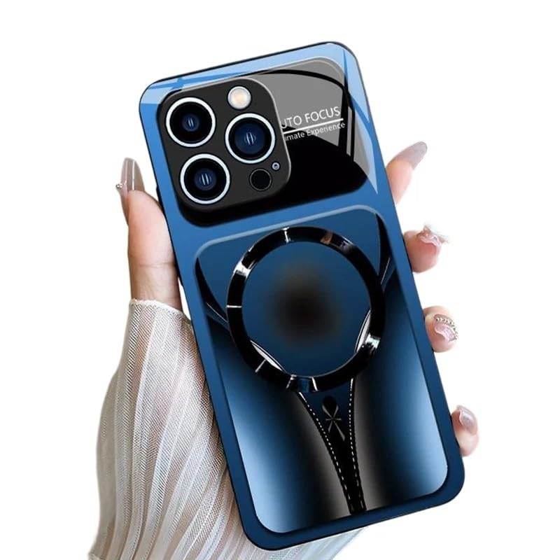 Stylish Magnetic Shockproof Phone Case, Tempered Glass, Slim Protective Cover Raised Camera Lens Non-Slip Alloy Frame Magnetic Wireless Charging Case for iPhone 12 13 14 15 16 17 (Blue, 16 Pro Max) - color: Blue