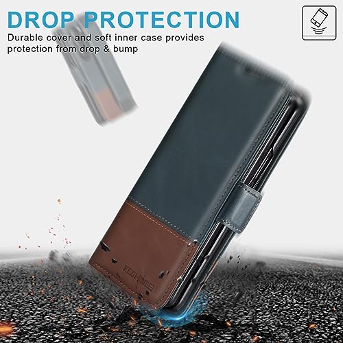 KEZiHOME Genuine Leather Wallet Case for Samsung Galaxy Z Fold 6 - color: Navy Blue Brown, size: Galaxy Z Fold 6 Case