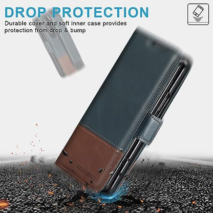 KEZiHOME Genuine Leather Wallet Case for Samsung Galaxy Z Fold 6 - color: Navy Blue Brown, size: Galaxy Z Fold 6 Case