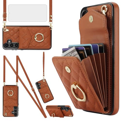 Phone Case for Samsung Galaxy S24 5G Wallet Cover with Tempered Glass Screen Protector Crossbody Wrist Strap Ring Stand RFID Blocking Credit Card Holder Cell S 24 24S G5 SM-S921U Women Men Girls Brown - color: Brown