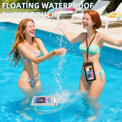 IPX8 Floating Waterproof Dry Bag 2-Pack,7.2 Inch Waterproof Phone Pouch for iPhone 16/15/14 Pro Max Galaxy S24/S23 Adjustable Lanyard + Wrist Strap Beach Swimming Travel Essentials - color: black+white+ Orange