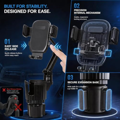YUHENG Upgraded Cup Holder Phone Mount for Car - Permanent Screw-Fixed Base (No Wobble), Offset Space-Saving Design,Universal Adjustable Cell Phone Cradle for iPhone, Android, SUV, Truck