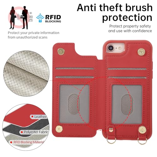 for iPhone 7/8/SE 2022/SE 2020 Wallet Case with Card Holder Slots and Strap, RFID Blocking Magnetic Flip Folio Cover, Crossbody Purse Protection Case with Kickstand,Red Diamond - color: Red Diamond, size: iPhone 7/8/SE 2022/SE 2020(6.6")