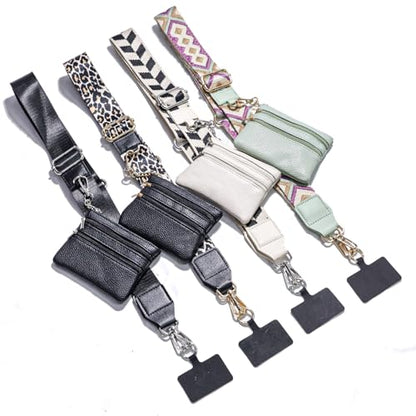 Clip and Go Phone Strap with Wallet Crossbody, Phone Chain Cross Body with Detachable Zippered Pouch, Lanyard with Purse, Adjustable Mobile Strap (Black+White+Green+Leopard) - color: Black+white+green+leopard