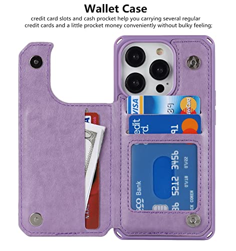 iCoverCase Compatible with iPhone 14 Pro Wallet Phone Case with Card Holder for Women, RFID Blocking Embossed PU Leather Wrist Strap Case 6.1 Inch (Macaron Purple) - color: P-Purple