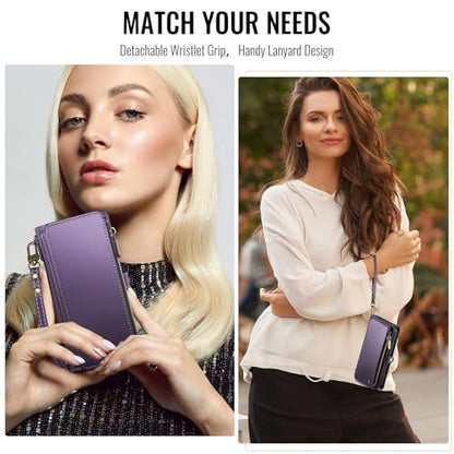 Defencase for iPhone 16 Pro Max Wallet Case with RFID Card Holder, Purple | Durable Soft PU Leather, with Zipper Pocket, Wrist Strap, Fashion Snap Flip Phone Cases Cover with Stand for Women and Men - color: Purple