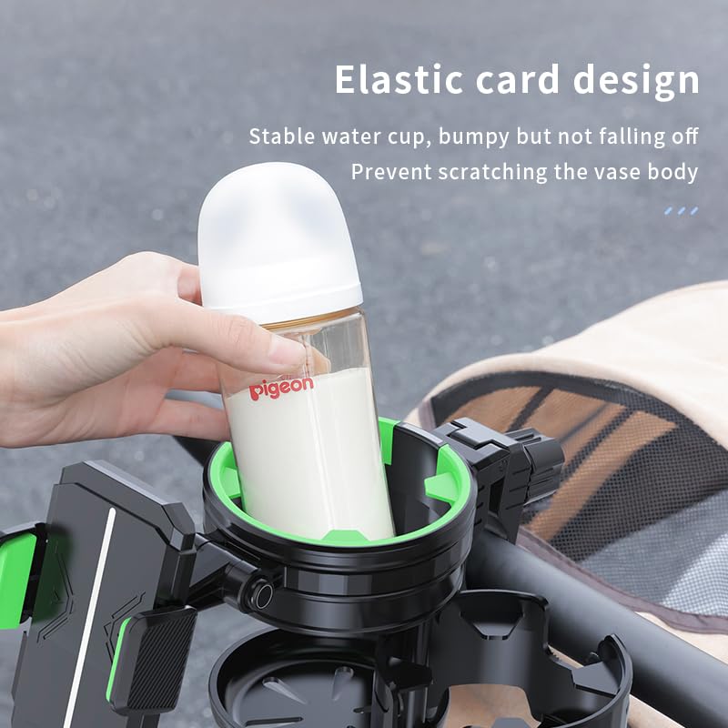 3-in-1 Stroller Cup Phone Holder Attachment, Universal Cup Holder with Adjustable Phone Mount, Double Cup Holder for Walker, Wheelchair, Fits Most Donna, Uppababy, Bugaboo, Anti-Slip & Easy Install