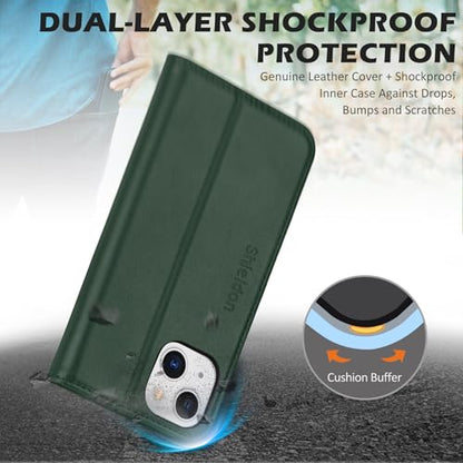 SHIELDON Genuine Leather Case Wallet for iPhone 13 6.1", Midnight Green | Folio Magnetic Closure, RFID Blocking, Credit Card Holder, Kickstand, Shock Absorbing Protective Cover - color: Midnight Green
