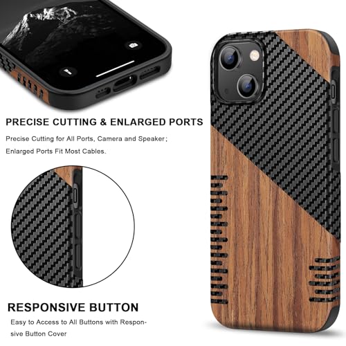 TENDLIN Magnetic Case Compatible with iPhone 14 Plus Case Wood Grain with Carbon Fiber Texture Design Leather Hybrid Slim Cover (Compatible with MagSafe) Twill - color: Magnetic Twill, size: iPhone 14 Plus
