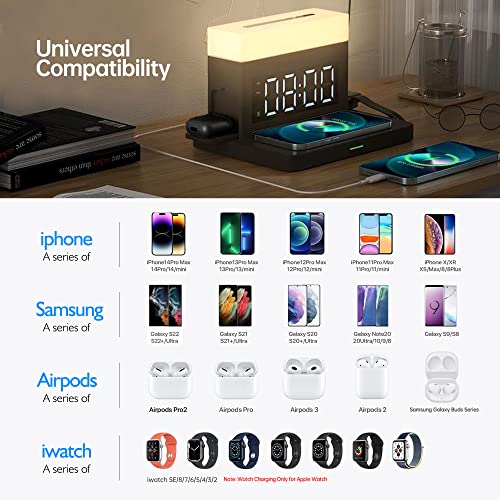 Wireless Charger,6 in 1 Wireless Charging Station with Digital Alarm Clock & Night Light,15W Fast Charger Compatible with iPhone 14/13/12/11/XS Samsung Galaxy AirPods & Apple Watch (Black)