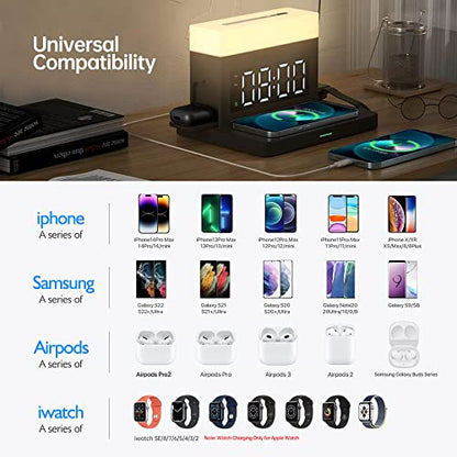 Wireless Charger,6 in 1 Wireless Charging Station with Digital Alarm Clock & Night Light,15W Fast Charger Compatible with iPhone 14/13/12/11/XS Samsung Galaxy AirPods & Apple Watch (Black)