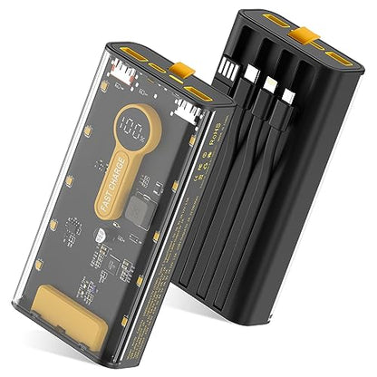 Portable Charger 10000mAh,22.5W Fast Charging Power Bank with Built in Cables,Transparent External Battery Pack with Flashlight,USB C in&out Portable Phone Charger for iPhone Samsung Android Cellphone - color: Transparent+Black