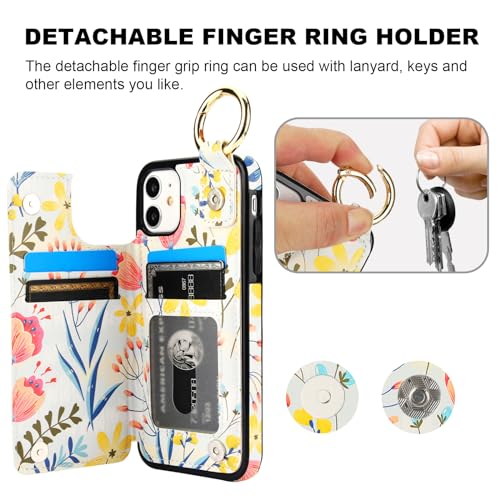 HAOPINSH for iPhone 11 Wallet Case with Card Holder, Floral Flower Print Back Flip Folio PU Leather Kickstand Card Slots Case, Finger Grip Ring Double Magnetic Clasp Shockproof 6.1" - color: Floral Flower Grip Ring