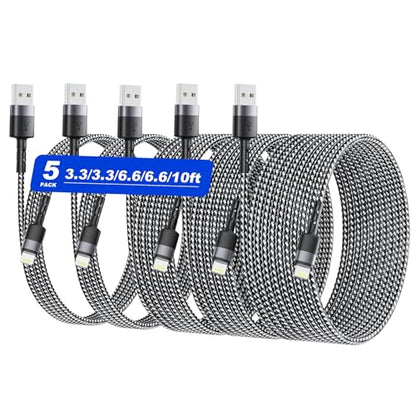 USB to Lightning Cable, 5-Pack [3.3/3.3/6.6/6.6/10FT], Nylon Braided & Data Transfer USB A to Lightning Cord, Compatible with with iPhone 14/13/12/11, iPad, AirPods (USB-A to Lightning)