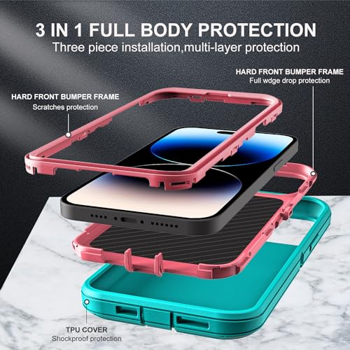 YKHJKLEC for iPhone 14 Pro Case, Military Grade 3 in 1 Heavy Duty Shockproof/Drop Proof/Dust Proof Case with 2Pcs Tempered Glass Screen Protector (Aqua Blue/Pink) - color: Aqua Blue/Pink