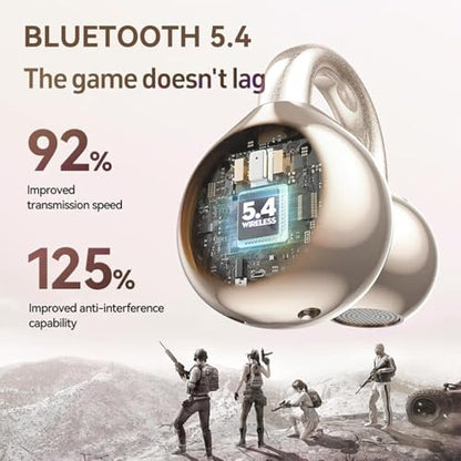 Clip on Earbuds for Small Ears & Glasses, Open Ear Bluetooth 5.4 Headphones with 40H Playtime & Digital Display, Sweatproof - color: Beige