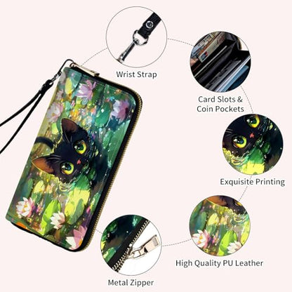 Ladies Wallet,Clutch Purses for Women Wallets Leather Credit Card Holder for Women Wristlet Slim Small Cute with Zipper,Thin RFID Blocking with Wrist Strap,Cute Cat Lotus - color: Cute Cat Lotus