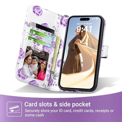 ULAK Compatible with iPhone 17 Pro Max Wallet Case Card Holder, Purple | with Card Holder, [RFID Blocking] PU Leather Case Kickstand Card Slots Wrist Strap, Durable Shockproof Cover 6.9 Inch - color: Purple, size: iPhone 17 Pro Max - 6.9 inch